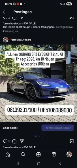 SUBARU BRZ EYESIGHT 2.4L AT
Th reg 2023, km 10 rb an  pjk baru