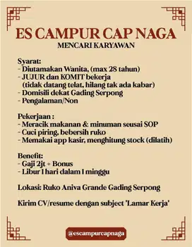 LOKER KASIR WAITERS GADING SERPONG