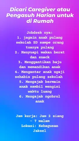 Lowongan pekerjaan Caregiver atau Pengasuh Anak Harian untuk di Rumah