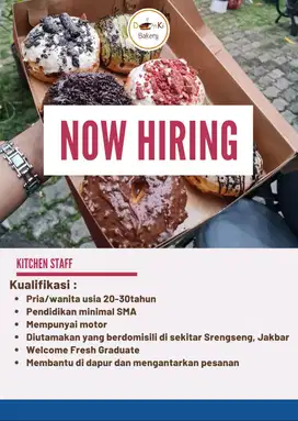dibutuhkan helper/kitchen staff untuk bakery di srengseng, jakbar