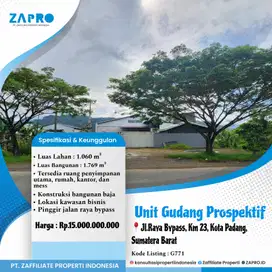 Jual gudang lokasi di kawasan bisnis/bypass padang