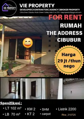 Di Sewakan Rumah Cantik Siap Huni. The Addres Cibubur.
