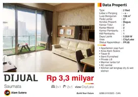 Dijual Apartemen Mewah 2BR+1 Semi Furnished Saumata Alam Sutera