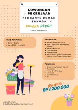 DIBUTUHKAN PEMBANTU RUMAH TANGGA (PRT)