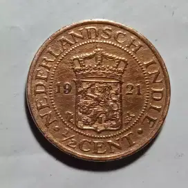 Koin KEYDATE 1921 BENGGOL 1/2 CENT ERA WIHELMINA BELANDA