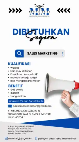 DIBUTUHKAN SEGERA! SALES MARKETING & MEKANIK