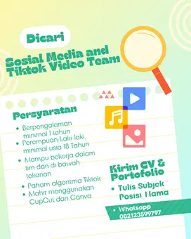 DIBUTUHKAN SEGERA SOSIAL MEDIA and TIKTOK VIDEO TEAM