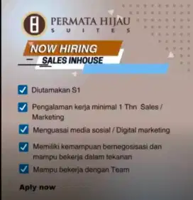 LOWONGAN KERJA SALES INHOUSE APARTMENT PERTAMA HIJAU SUITES