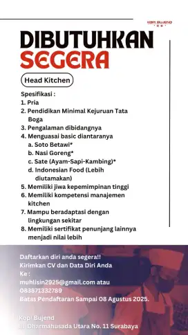 Dibutuhkan Cepat Head Chef