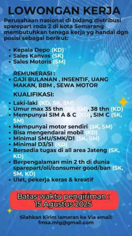 Dicari kepala depo ,sales