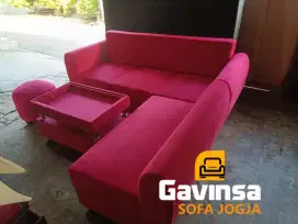 Sofa L Putus Warna Pink Kain Bludru , Ruang tamu