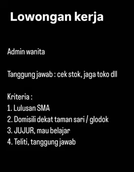 LOWONGAN KERJA : DICARI Admin Wanita