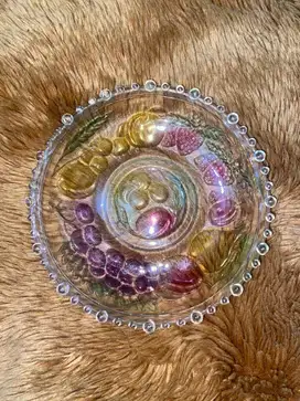 Piring Kaca Vintage Motif Buah-Buahan dan Ceri - Diameter 13,5 cm