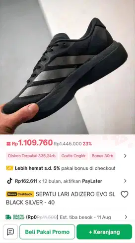 SEPATU LARI ADIZERO EVO SL BALCK SILVER-41 (MENDESAK)