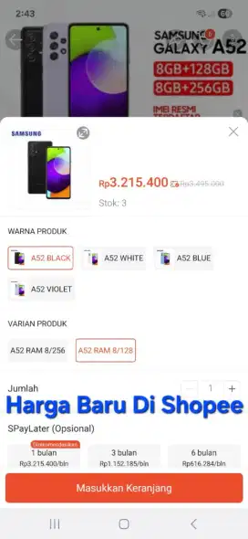SAMSUNG A52 8/128GB LENGKAP MURAH