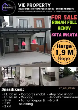 Jual Cepat Rumah Cantik Full Renovasi. Kota Wisata Cibubur.