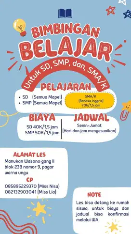 Les private datang ke tempat les atau ke rumah