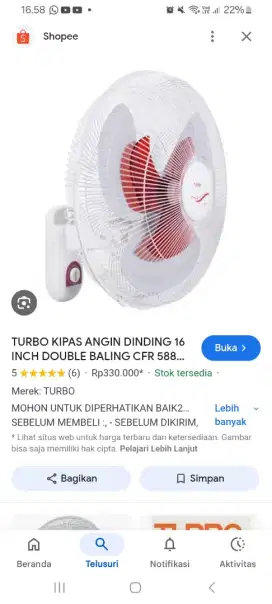Kipas angin dinding double baling2 turbo 16 inch