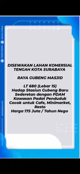 Disewakan Tanah Raya Gubeng, Pusat Kota, Cocok untuk usaha,