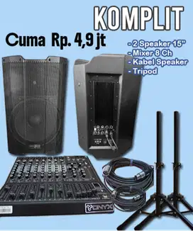 DIJUAL CEPAT, PAKET LENGKAP SPEAKER AKTIF 15 DAN MIXER 8 CH