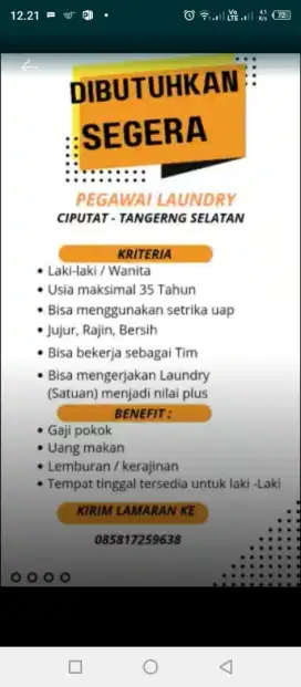 Pegawai Laundry (Sudah ada pengalaman)