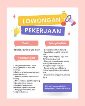 ADMIN & HELPER ONLINE SHOP Lowongan Kerja  Agustus 2025