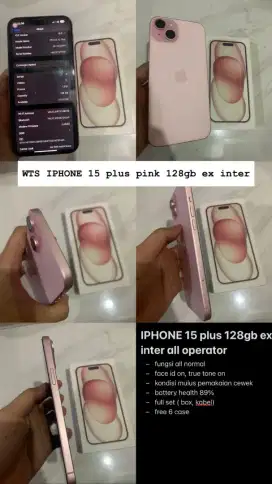 Iphone 15+ inter pink internal 128 mulus fullset
