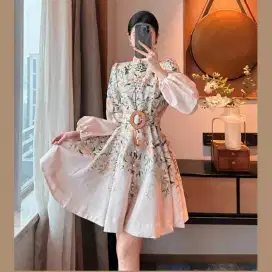 Mini Dress Wanita Elegan Lengan Panjang Motif Bunga + Bonus Pulsa