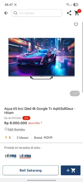 Ready stok tv aqua 65 inc google tv murah