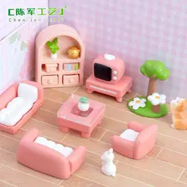 Miniatur Pink TV Bangku Kursi Miniatur Topper Perabotan Rumah Miniatur