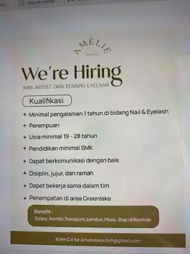 LOWONGAN THERAPIST NAIL ART, EYELASH, SPA