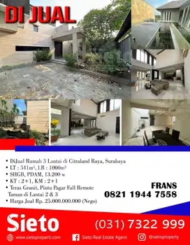 DiJual Rumah 3 Lantai di Citraland Raya, Surabaya