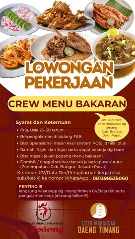 TUKANG BAKAR / STAFF RESTO / TUKANG MASAK