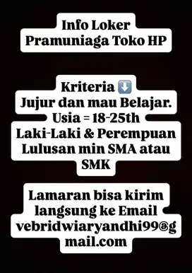Lowongan Kerja Pramuniaga Toko HP