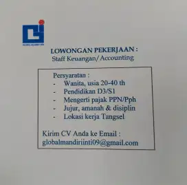Lowongan staff Keuangan/Accounting