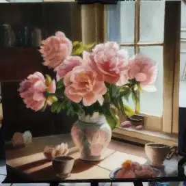 Lukisan Bunga Cat Akrilik - Window Bloom