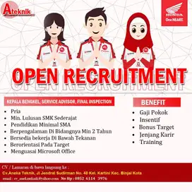 Dicari PDI, Service Advisor, Final Inspection, Mekanik, Kepala Bengkel