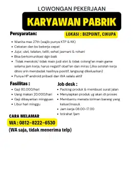Lowongan pabrik (wanita, tanpa Ijazah)