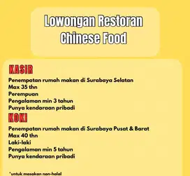 LOWONGAN RESTORAN CHINESE FOOD