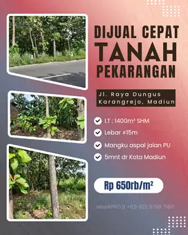 Tanah MURAH Pinggir Jalan PU Raya Dungus Karangrejo Madiun