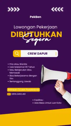 Di butuhkan Crew Dapur