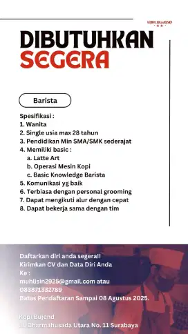 Dibutuhkan segera barista junior
