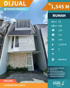 Dijual Rumah Baru Gress 3 Lantai di Tumenggung Suryo Malang