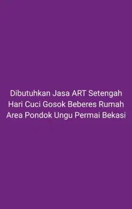 Dibutuhkan ART Paruh Waktu – Bersih Rumah & Cuci Gosok (Tanpa Masak)