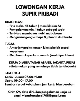 LOWONGAN KERJA SUPIR PRIBADI
