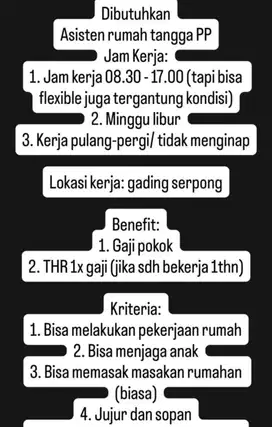 Dibutuhkan Asisten Rumah Tangga (ART)