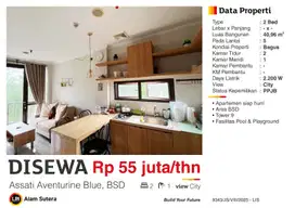 Disewa Apartemen 2BR Furnished Murah Assati Aventurine Blue BSD