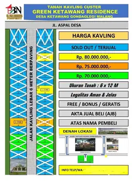 Dijual Tanah Kavling pribadi murah Ketawang Gondanglegi Malang