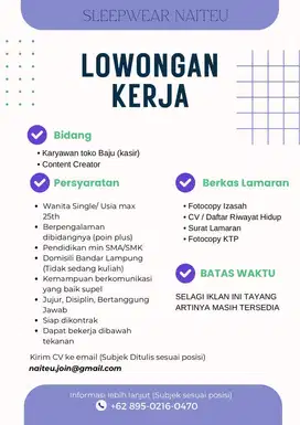 Lowongan kerja karyawati toko baju