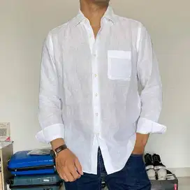 UNIQLO MEN RELAXED FIT LINEN BLEND WHITE SHIRT  (M)